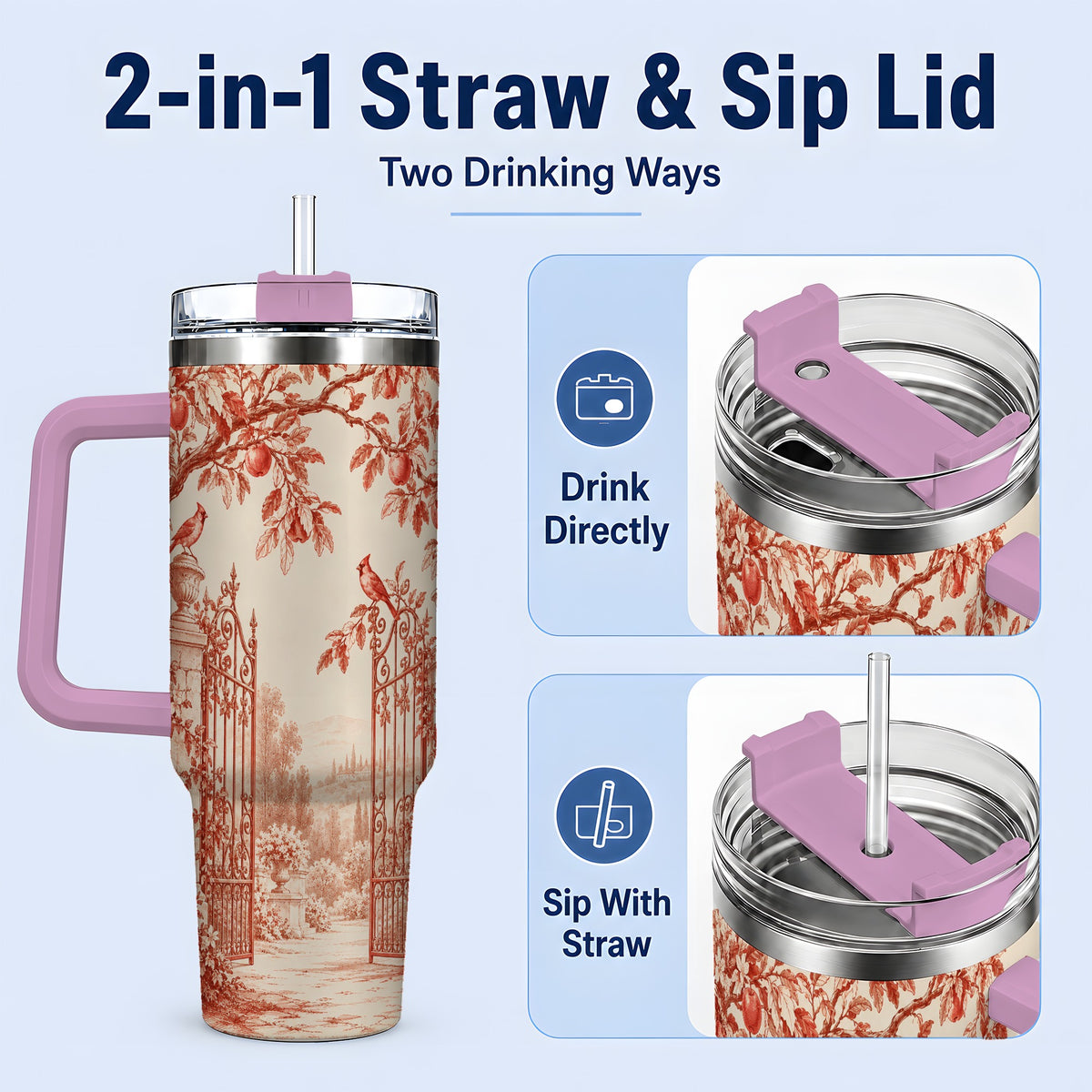 #pl[40oz|Pink] Red Toile Garden 40oz Tumbler with Cardinal and Apple Artwork