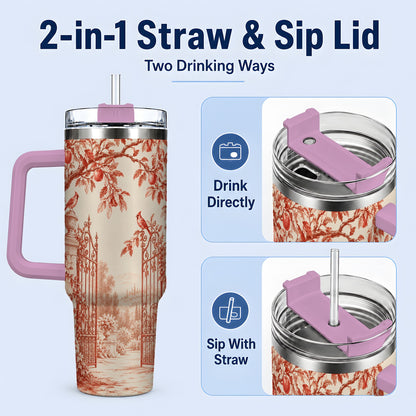 #pl[40oz|Pink] Red Toile Garden 40oz Tumbler with Cardinal and Apple Artwork