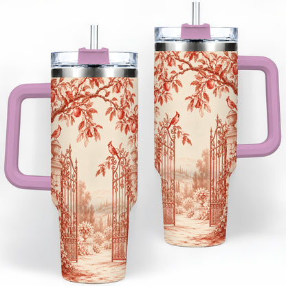 #pl[40oz|Pink] Red Toile Garden 40oz Tumbler with Cardinal and Apple Artwork