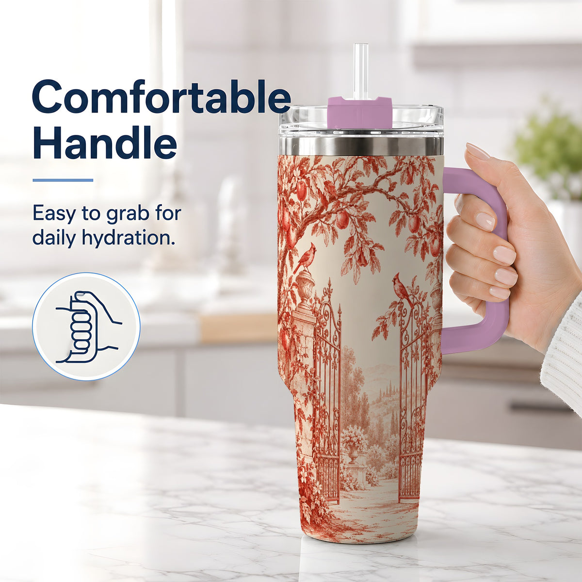 #pl[40oz|Pink] Red Toile Garden 40oz Tumbler with Cardinal and Apple Artwork