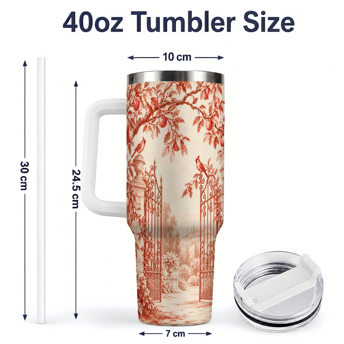 #pl[40oz|White] Red Toile Garden 40oz Tumbler with Cardinal and Apple Artwork