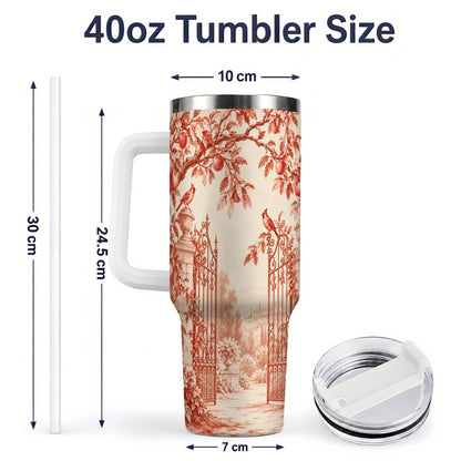 #pl[40oz|White] Red Toile Garden 40oz Tumbler with Cardinal and Apple Artwork