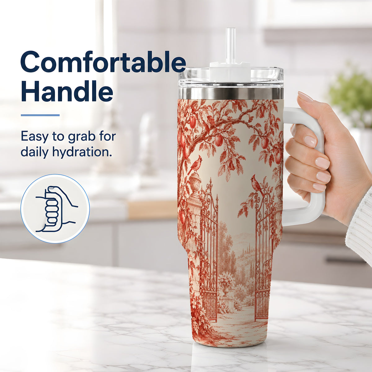 #pl[40oz|White] Red Toile Garden 40oz Tumbler with Cardinal and Apple Artwork