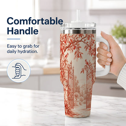 #pl[40oz|White] Red Toile Garden 40oz Tumbler with Cardinal and Apple Artwork