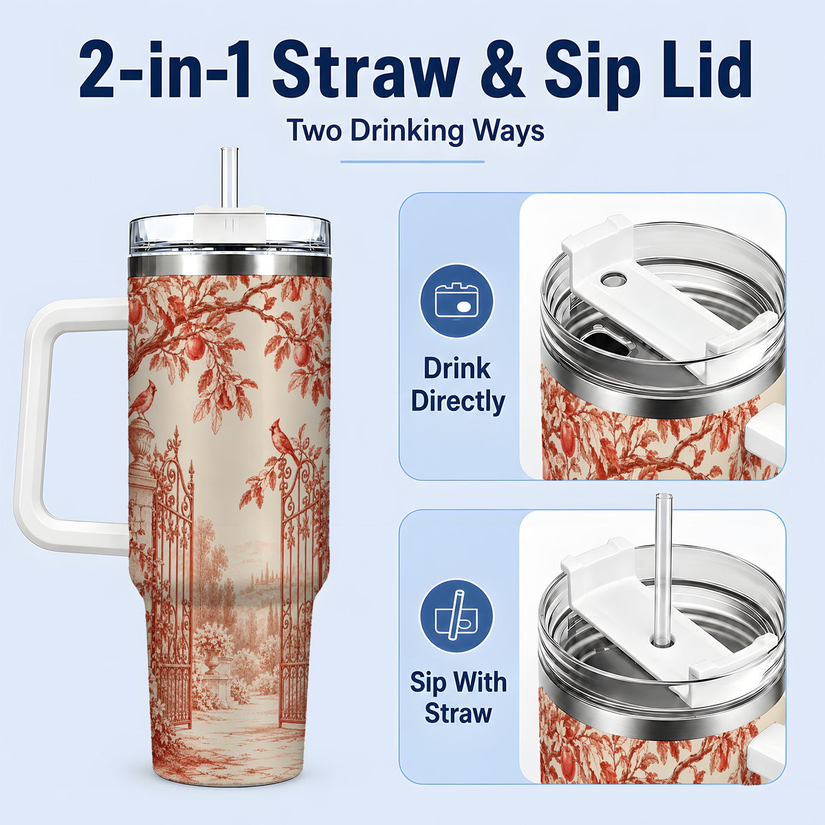 #pl[40oz|White] Red Toile Garden 40oz Tumbler with Cardinal and Apple Artwork