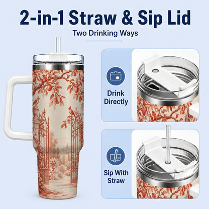 #pl[40oz|White] Red Toile Garden 40oz Tumbler with Cardinal and Apple Artwork