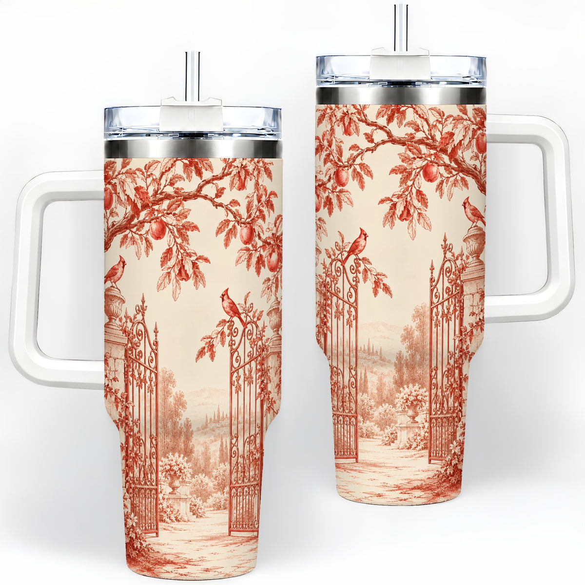Red Toile Garden 40oz Tumbler with Cardinal and Apple Artwork