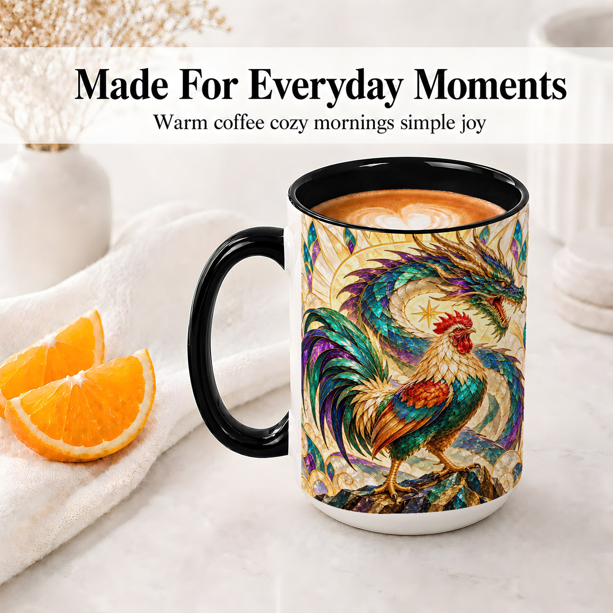 #pl[15oz|Black] Stained Glass Style Rooster Dragon Ceramic Mug