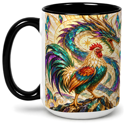 #pl[15oz|Black] Stained Glass Style Rooster Dragon Ceramic Mug