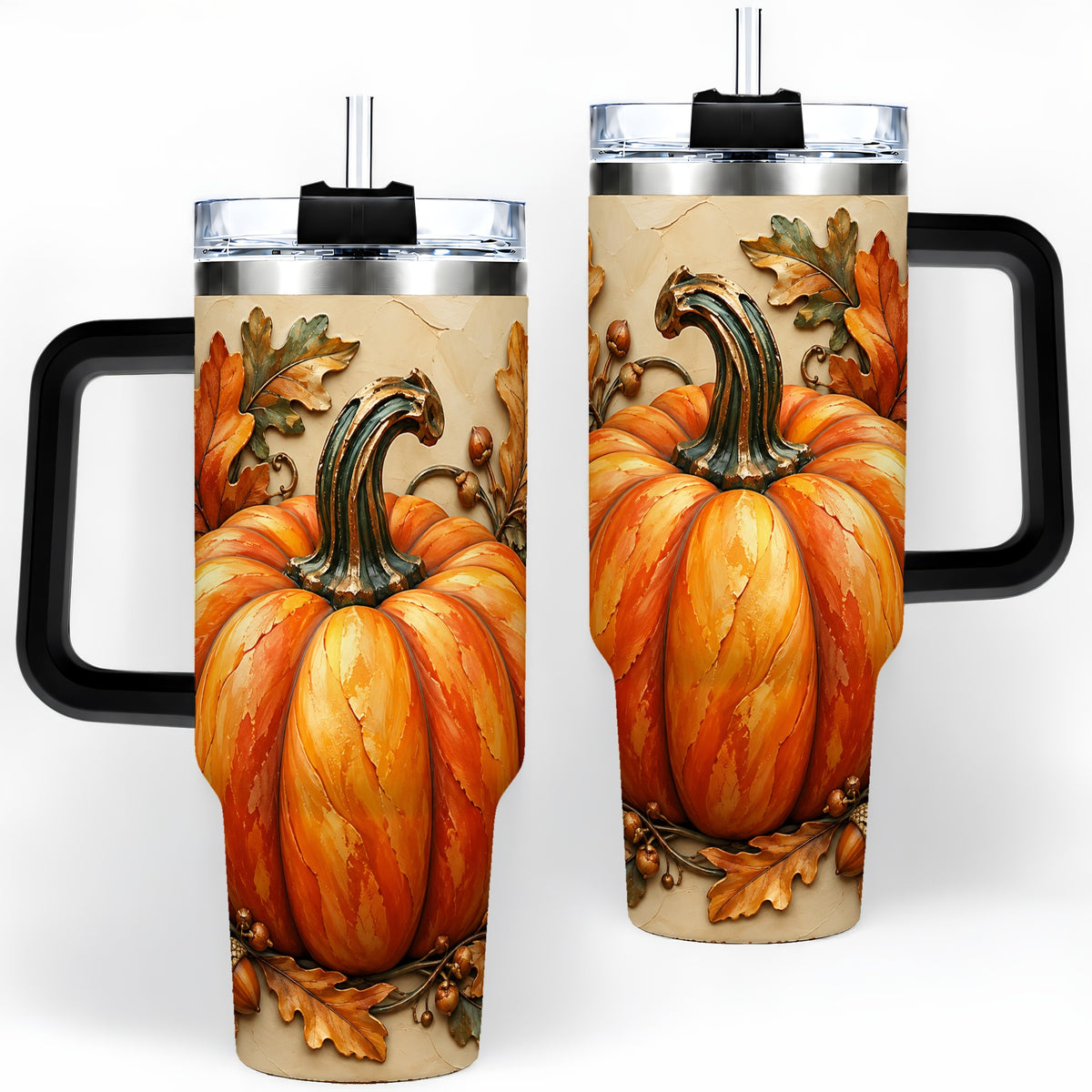 #pl[40oz|Black] Autumn Pumpkin 40oz Tumbler with Oak Leaves and Acorn Artwork