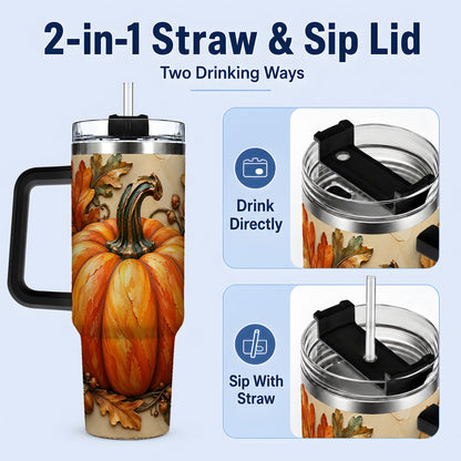 #pl[40oz|Black] Autumn Pumpkin 40oz Tumbler with Oak Leaves and Acorn Artwork