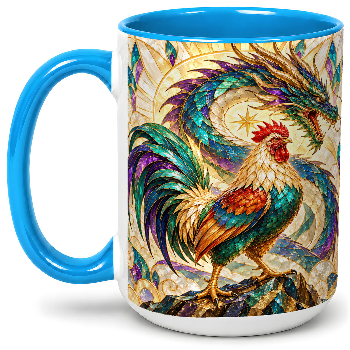 #pl[15oz|Blue] Stained Glass Style Rooster Dragon Ceramic Mug