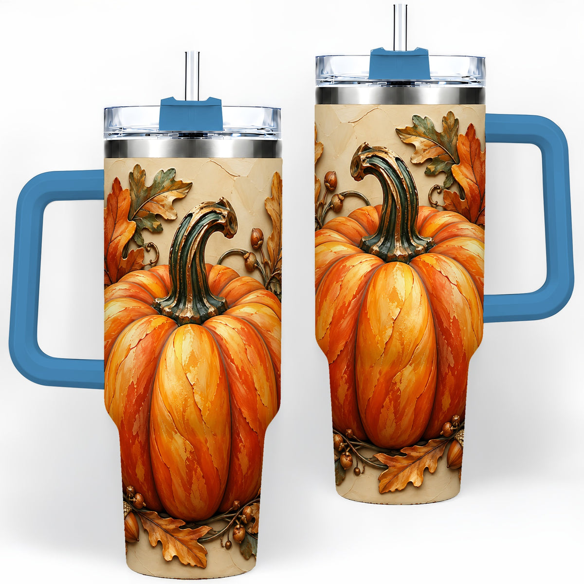 #pl[40oz|Blue] Autumn Pumpkin 40oz Tumbler with Oak Leaves and Acorn Artwork