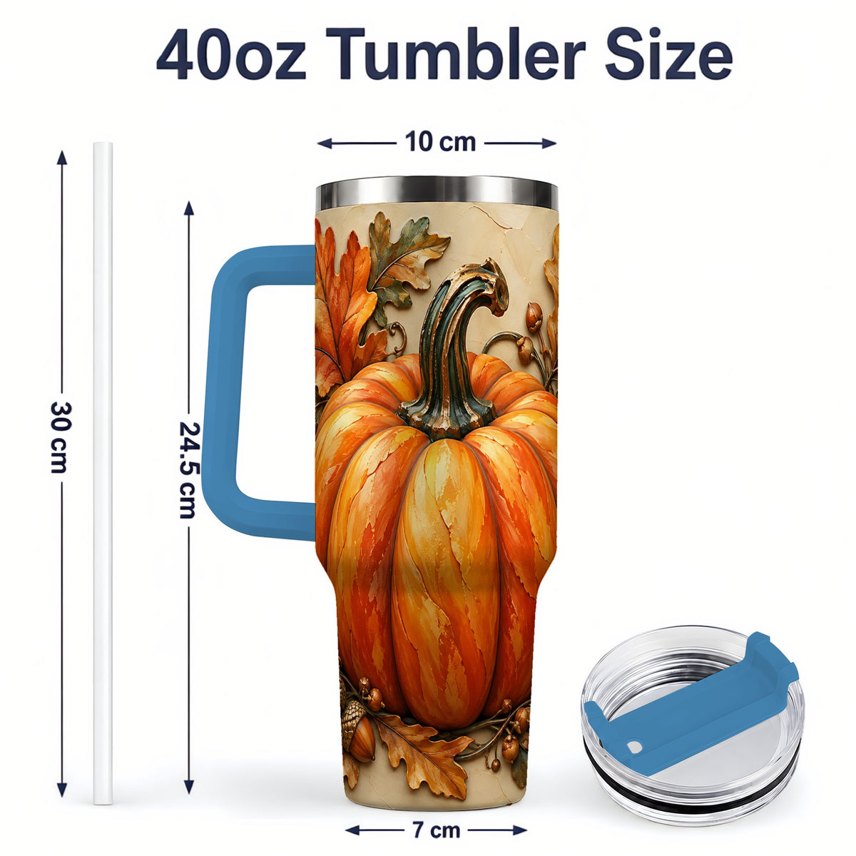 #pl[40oz|Blue] Autumn Pumpkin 40oz Tumbler with Oak Leaves and Acorn Artwork
