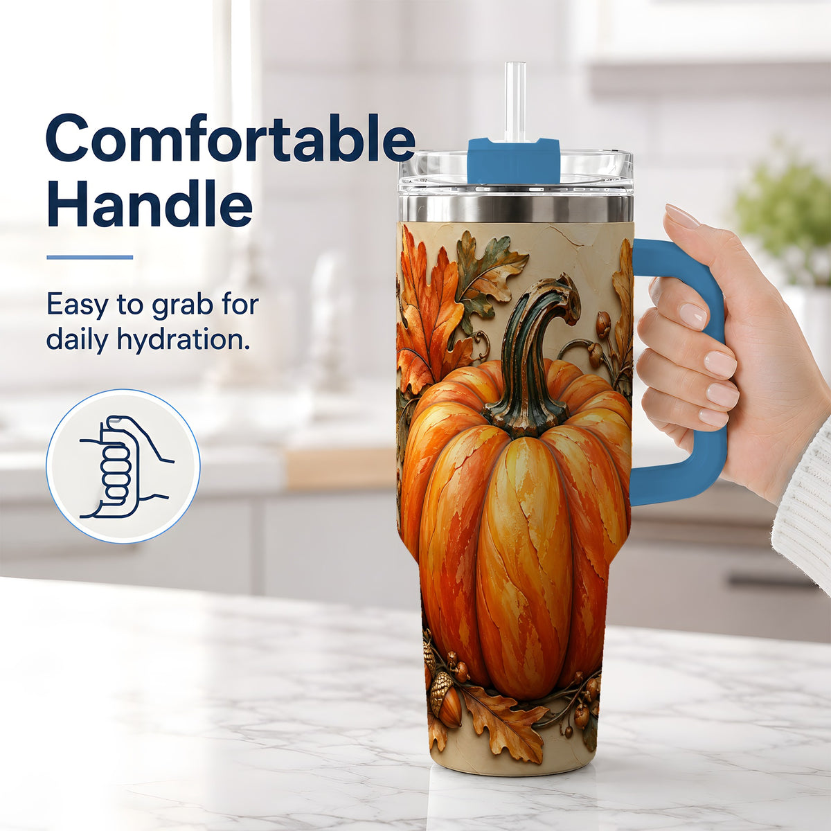 #pl[40oz|Blue] Autumn Pumpkin 40oz Tumbler with Oak Leaves and Acorn Artwork