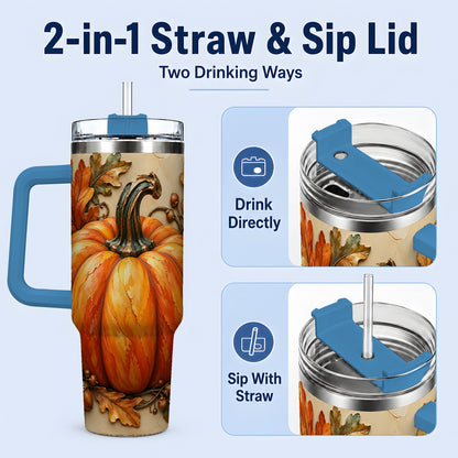 #pl[40oz|Blue] Autumn Pumpkin 40oz Tumbler with Oak Leaves and Acorn Artwork