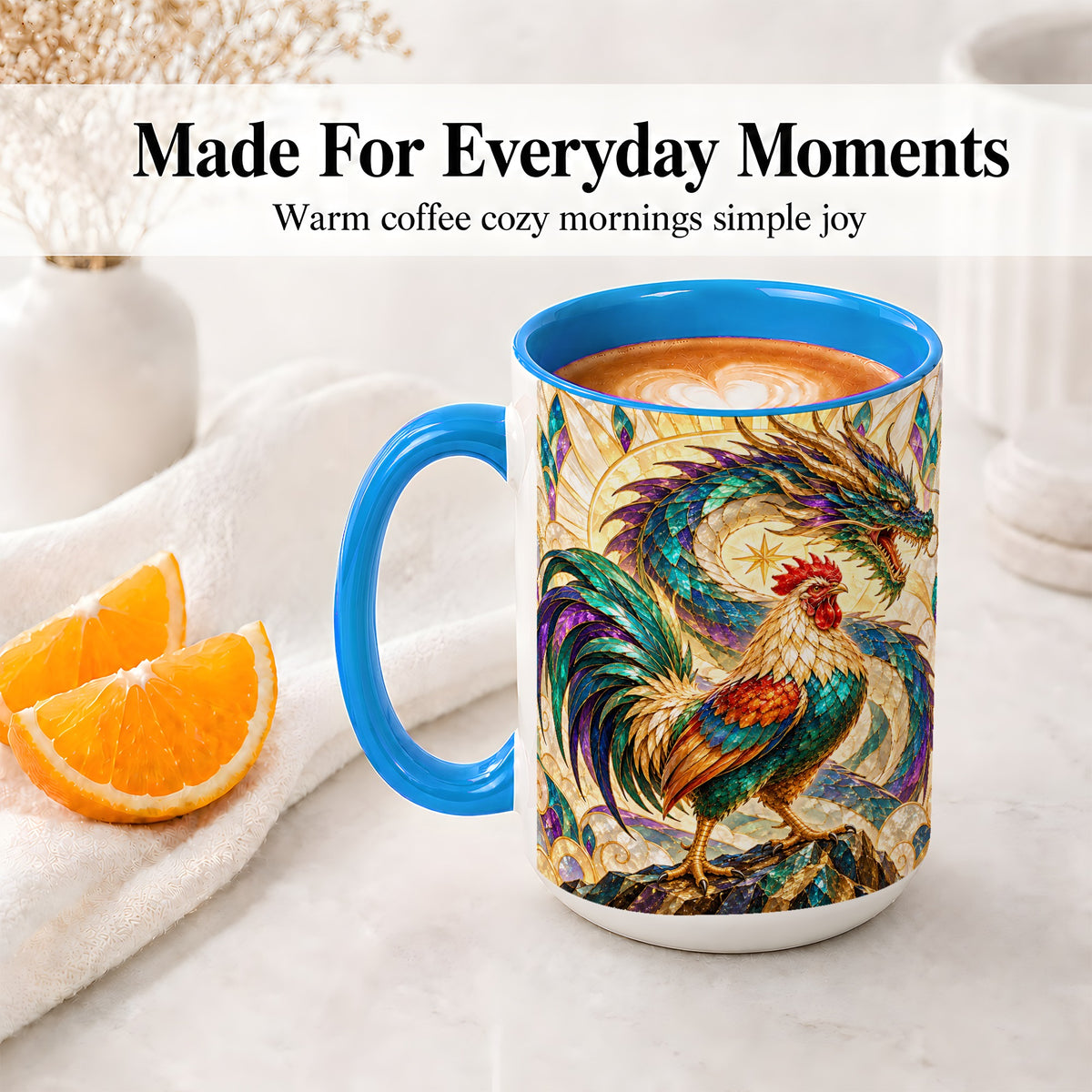 #pl[15oz|Blue] Stained Glass Style Rooster Dragon Ceramic Mug