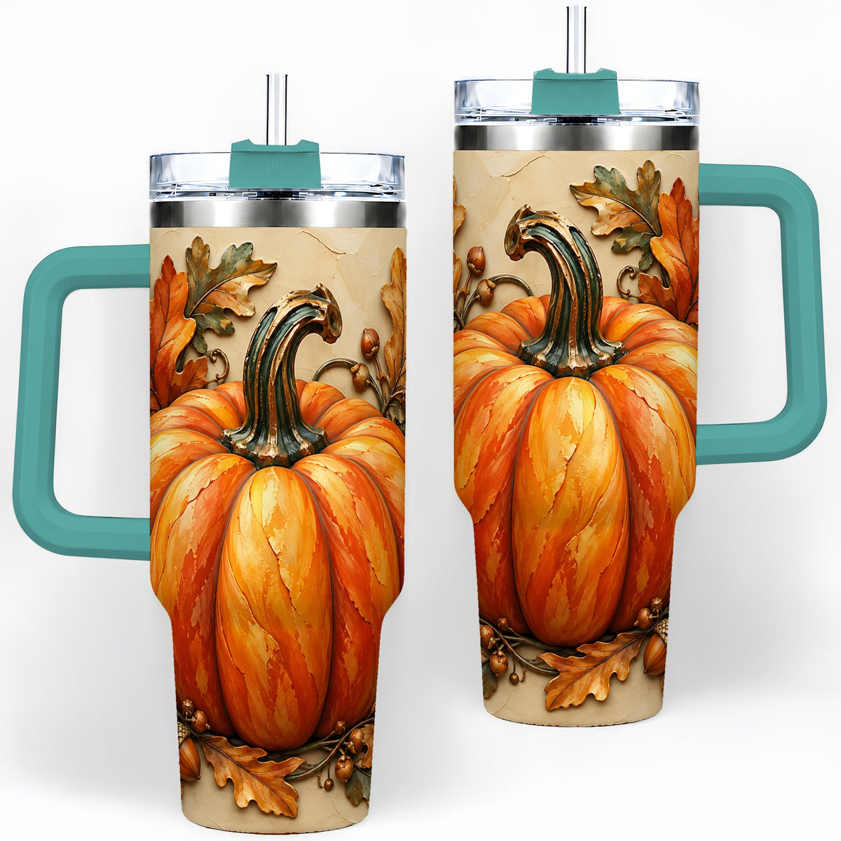 #pl[40oz|Green] Autumn Pumpkin 40oz Tumbler with Oak Leaves and Acorn Artwork