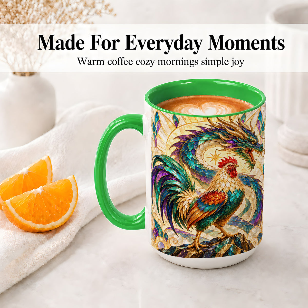 #pl[15oz|Green] Stained Glass Style Rooster Dragon Ceramic Mug