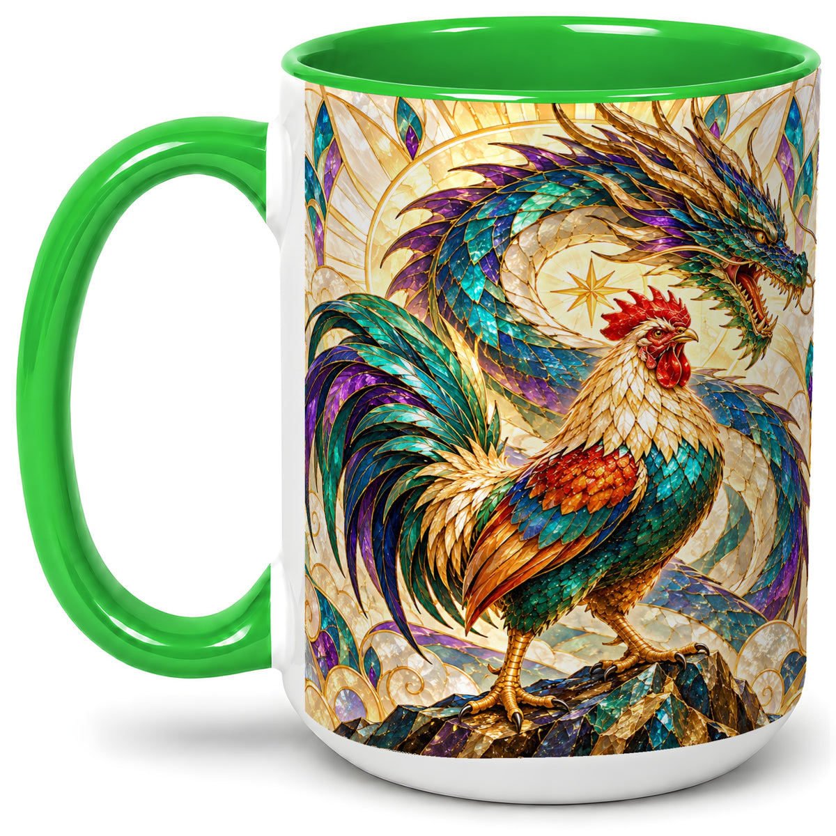 #pl[15oz|Green] Stained Glass Style Rooster Dragon Ceramic Mug