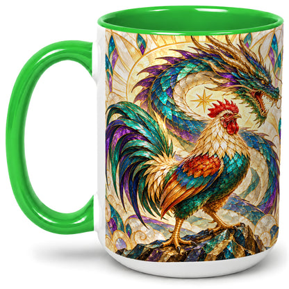#pl[15oz|Green] Stained Glass Style Rooster Dragon Ceramic Mug