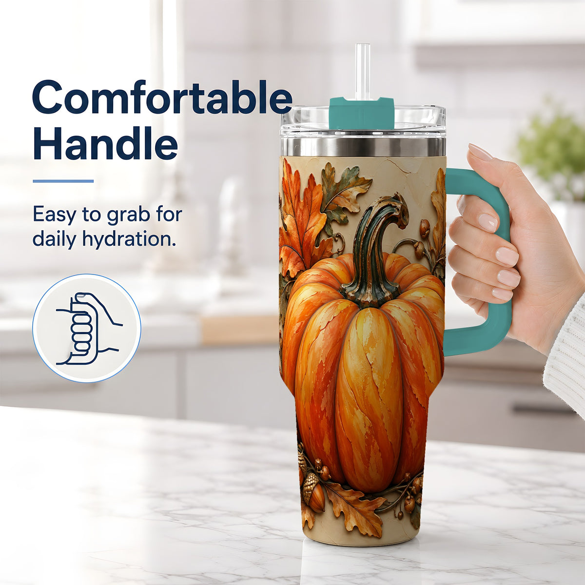 #pl[40oz|Green] Autumn Pumpkin 40oz Tumbler with Oak Leaves and Acorn Artwork