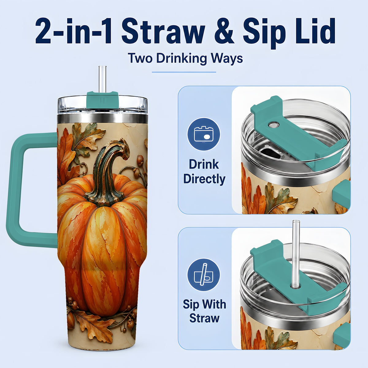 #pl[40oz|Green] Autumn Pumpkin 40oz Tumbler with Oak Leaves and Acorn Artwork