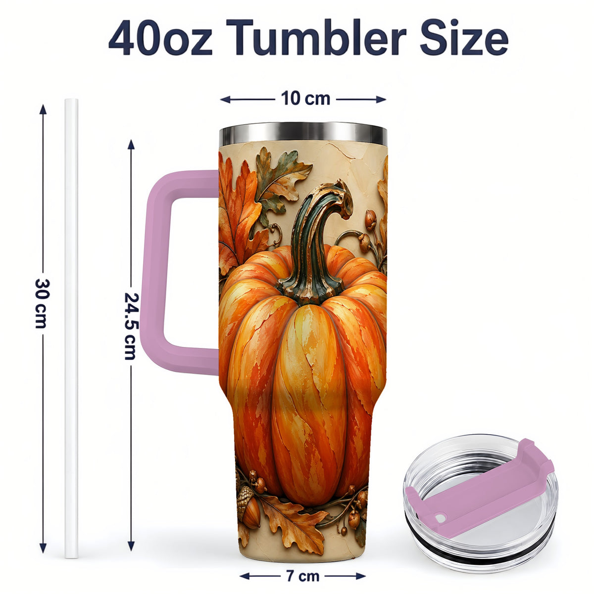 #pl[40oz|Pink] Autumn Pumpkin 40oz Tumbler with Oak Leaves and Acorn Artwork