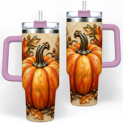 #pl[40oz|Pink] Autumn Pumpkin 40oz Tumbler with Oak Leaves and Acorn Artwork