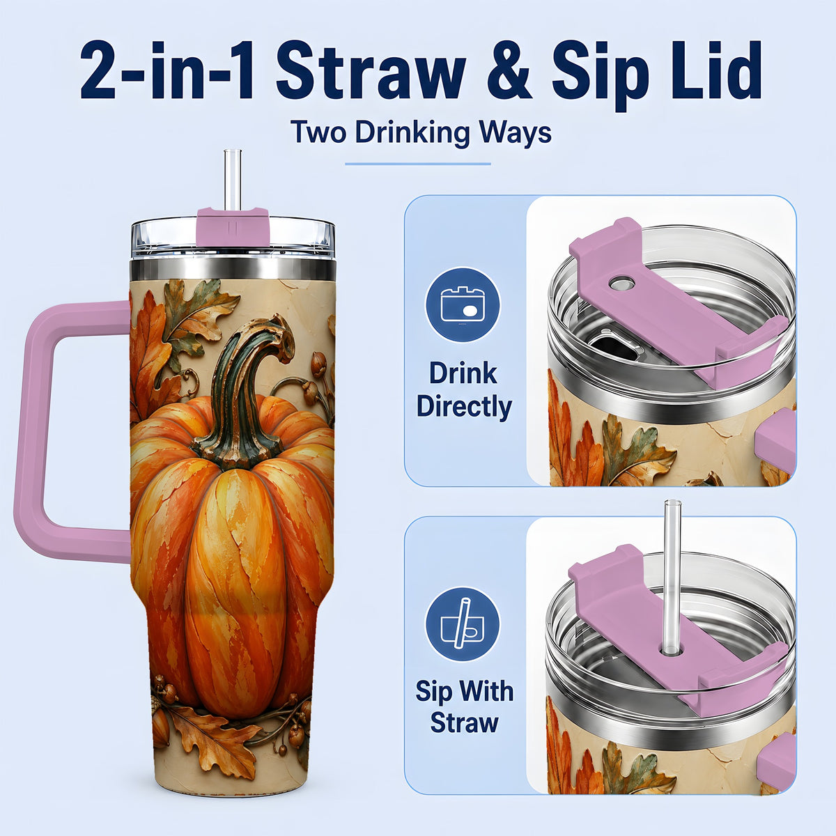 #pl[40oz|Pink] Autumn Pumpkin 40oz Tumbler with Oak Leaves and Acorn Artwork