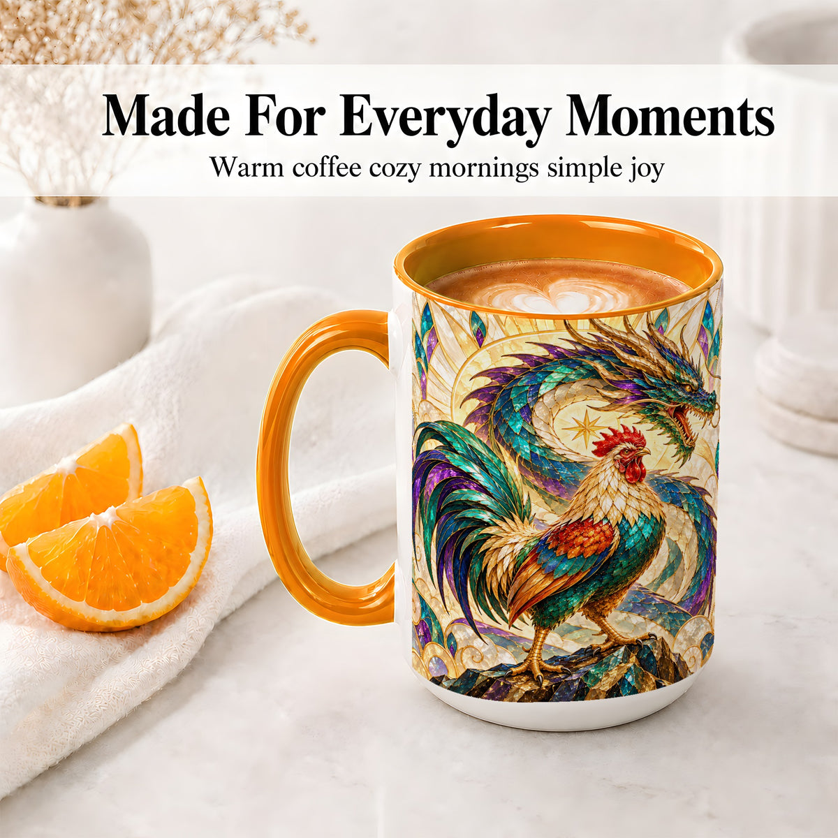 #pl[15oz|Orange] Stained Glass Style Rooster Dragon Ceramic Mug