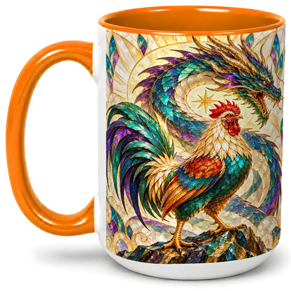 #pl[15oz|Orange] Stained Glass Style Rooster Dragon Ceramic Mug