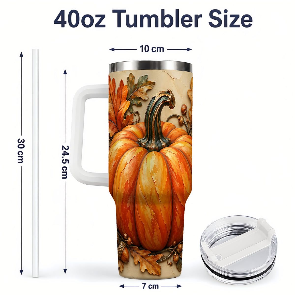 #pl[40oz|White] Autumn Pumpkin 40oz Tumbler with Oak Leaves and Acorn Artwork