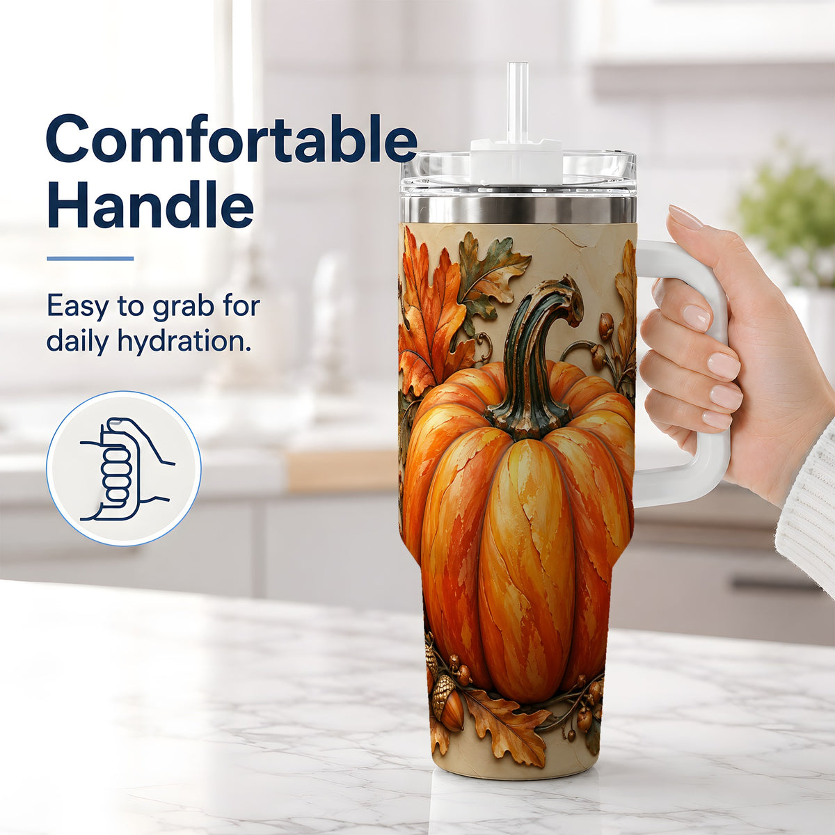 #pl[40oz|White] Autumn Pumpkin 40oz Tumbler with Oak Leaves and Acorn Artwork