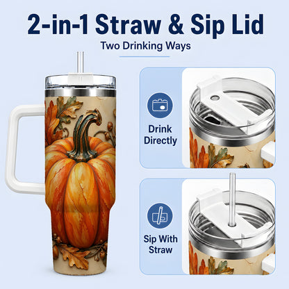 #pl[40oz|White] Autumn Pumpkin 40oz Tumbler with Oak Leaves and Acorn Artwork