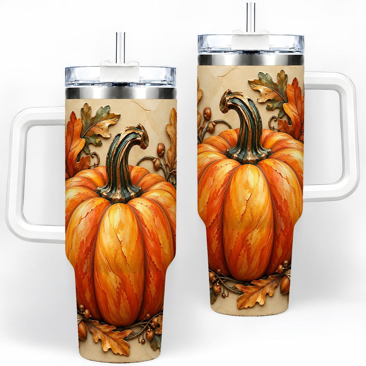 Autumn Pumpkin 40oz Tumbler with Oak Leaves and Acorn Artwork