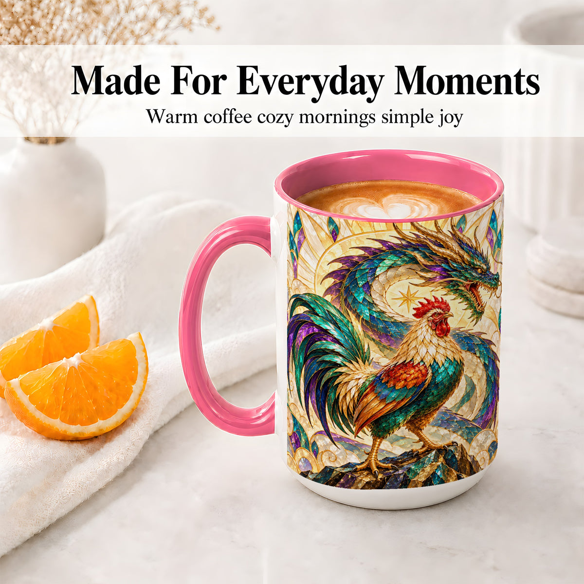 #pl[15oz|Pink] Stained Glass Style Rooster Dragon Ceramic Mug