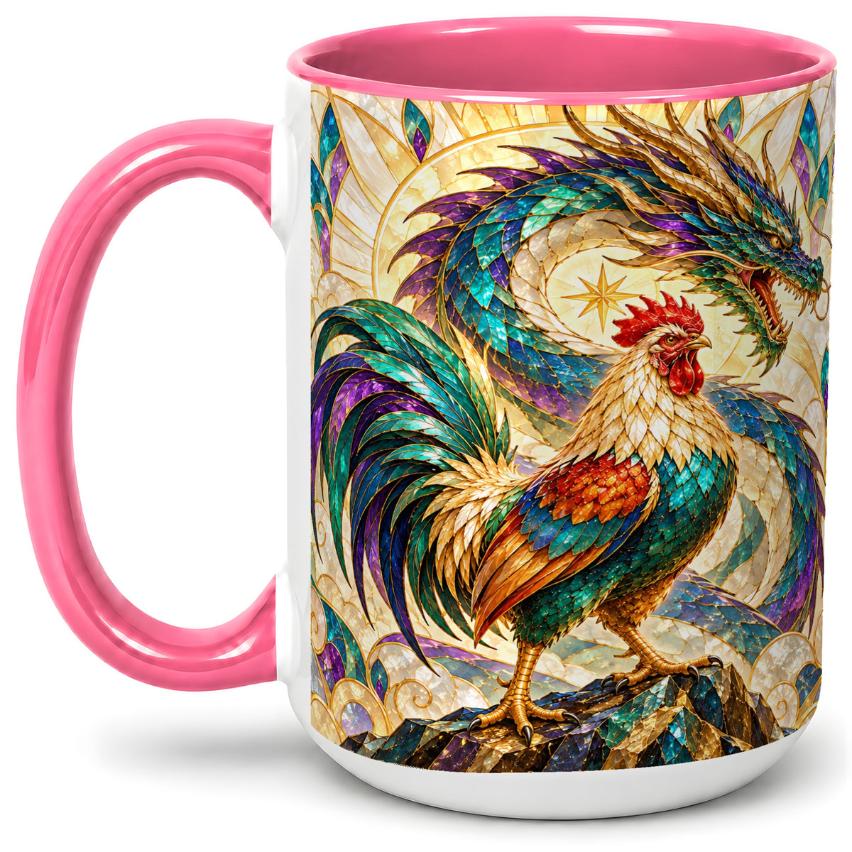 #pl[15oz|Pink] Stained Glass Style Rooster Dragon Ceramic Mug