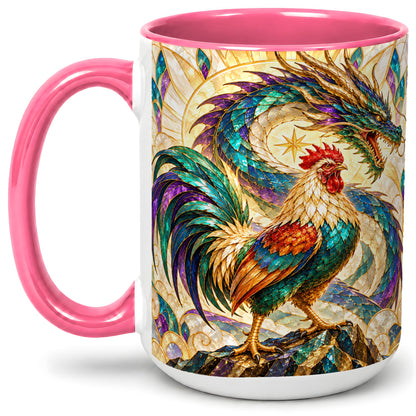 #pl[15oz|Pink] Stained Glass Style Rooster Dragon Ceramic Mug