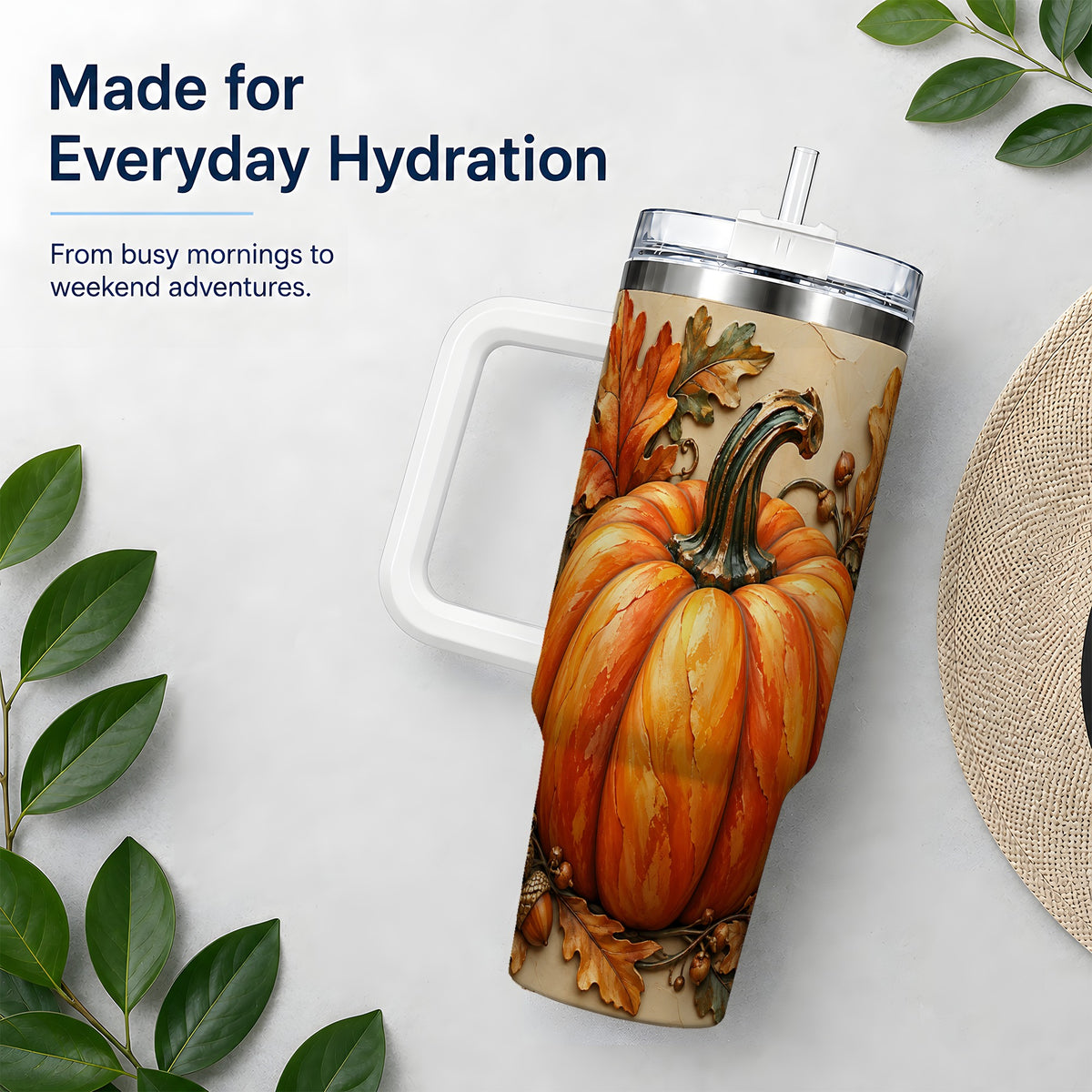 Autumn Pumpkin 40oz Tumbler with Oak Leaves and Acorn Artwork