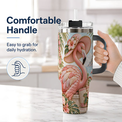 #pl[40oz|Black] Tropical Flamingo 40oz Tumbler, Coastal Bird Drinkware for Bird Lovers