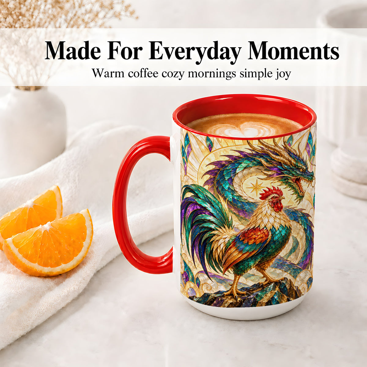 #pl[15oz|Red] Stained Glass Style Rooster Dragon Ceramic Mug