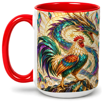 #pl[15oz|Red] Stained Glass Style Rooster Dragon Ceramic Mug