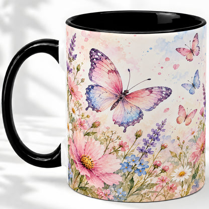 #pl[11oz|Black] Watercolor Butterfly Wildflower Ceramic Mug