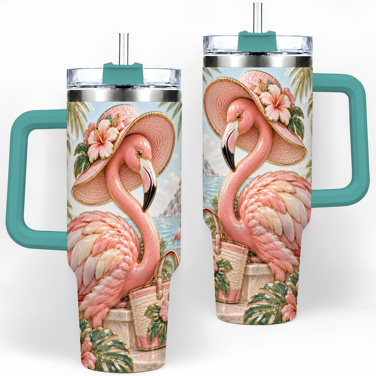 #pl[40oz|Green] Tropical Flamingo 40oz Tumbler, Coastal Bird Drinkware for Bird Lovers