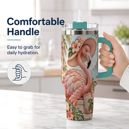 #pl[40oz|Green] Tropical Flamingo 40oz Tumbler, Coastal Bird Drinkware for Bird Lovers