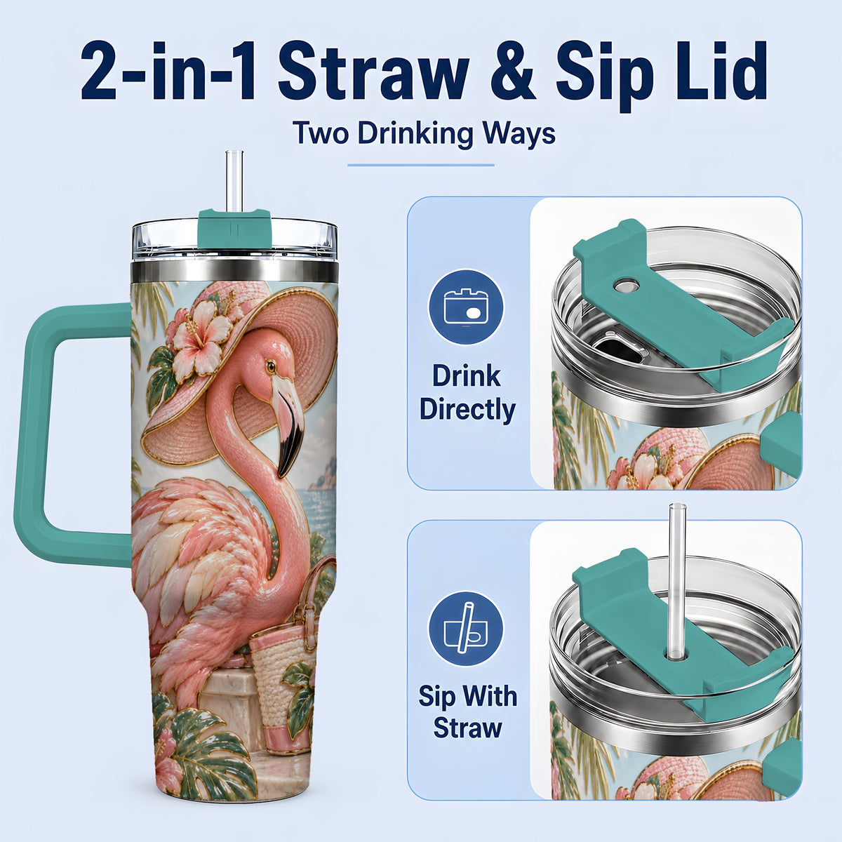 #pl[40oz|Green] Tropical Flamingo 40oz Tumbler, Coastal Bird Drinkware for Bird Lovers