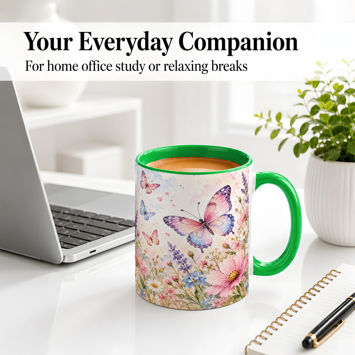 #pl[11oz|Green] Watercolor Butterfly Wildflower Ceramic Mug