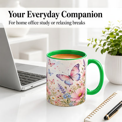 #pl[11oz|Green] Watercolor Butterfly Wildflower Ceramic Mug