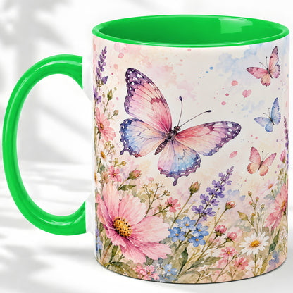#pl[11oz|Green] Watercolor Butterfly Wildflower Ceramic Mug